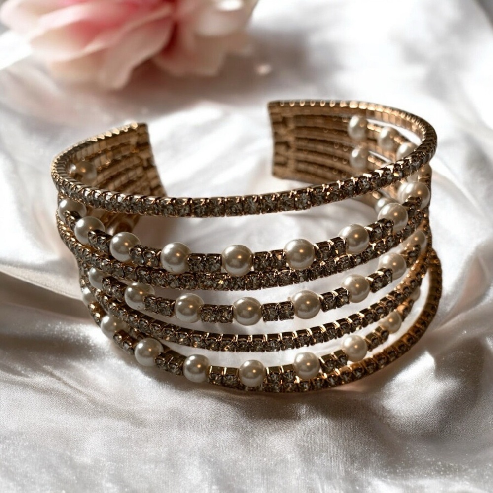 Elegant Gold, Rhinestone and Pearl Cuff Bracelet